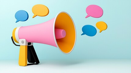 Poster - Bright and bold illustrated megaphone with dynamic speech bubbles in a variety of colors on a clean minimalist background  Ideal for advertising marketing and commercial design concepts