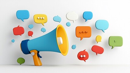 Poster - Vibrant megaphone with multicolored speech bubbles emerging symbolizing the power of communication social media marketing and digital outreach to connect engage