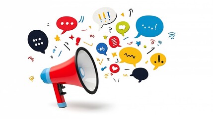 Poster - Dynamic and colorful megaphone releasing a burst of vibrant speech bubbles highlighting the power of marketing ideas and effective communication on a clean bright canvas