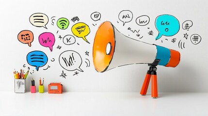 Poster - Dynamic and colorful megaphone releasing a stream of vibrant speech bubbles highlighting various marketing ideas and concepts on a clean bright canvas background