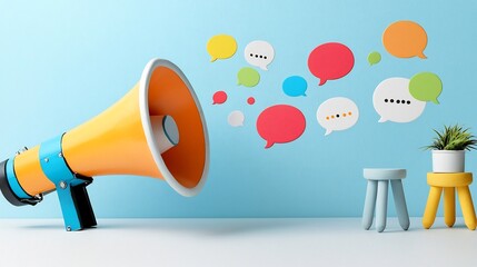 Poster - Vibrant and dynamic megaphone releasing a cascade of speech bubbles highlighting the power of creative marketing ideas and effective communication on a bright modern canvas