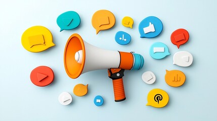 Poster - Vibrant and megaphone surrounded by bold floating speech bubbles in a variety of colors symbolizing the power of social media outreach and digital communication
