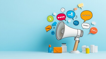 Poster - Bold megaphone projecting vibrant creative speech bubbles in bright colors symbolizing digital communication marketing and branding concepts  The image represents the power of expression influence