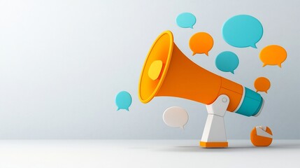Fototapete - Vibrant and bold colored megaphone with floating speech bubbles representing the concept of digital marketing strategies and effective communication on a minimalist backdrop