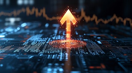 Aufkleber - Glowing beam shaped arrow pointing upward over a vibrant radiant cryptocurrency background symbolizing progress motion and the dynamic energy of the digital finance industry