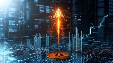 Aufkleber - Energetic arrow bursting upward with radiant light overlaid on a glowing Bitcoin themed design symbolizing the dynamic cutting edge nature of cryptocurrency and blockchain technology