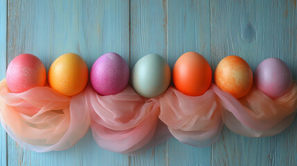 Wall Mural - Close-up of colored Easter eggs resting On light pink fabrics