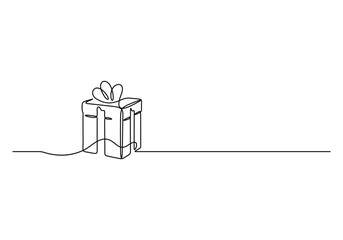 Wall Mural - Christmas gift box continuous line drawing. Single line present with ribbon bow vector illustration