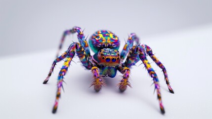 A colorful peacock spider displaying its vibrant colors and intricate patterns on a plain white background.