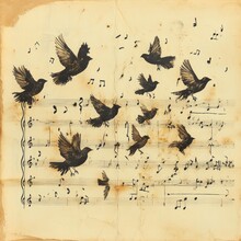 Lots De 10 Partitions Musicales Anciennes Imprimées - Art Mural Oiseaux - Style Vintage