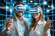 © Aleksandra - Business Vision of Immersive VR AR Technology with Smiling Businessman and Businesswoman in Futuristic Environment