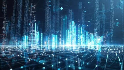 Abstract digital landscape with glowing blue lines and dots