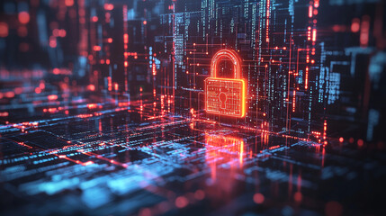Wall Mural - digital vault symbolizing security with glowing padlock, representing encrypted data and advanced te