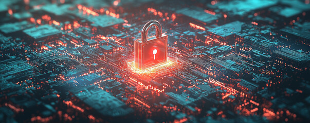 Wall Mural - digital padlock surrounded by circuits and data flow, symbolizing cybersecurity and data protection.