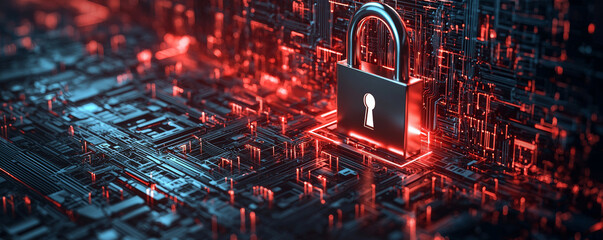 Wall Mural - digital padlock symbolizes cybersecurity, surrounded by network of glowing circuits. this represents