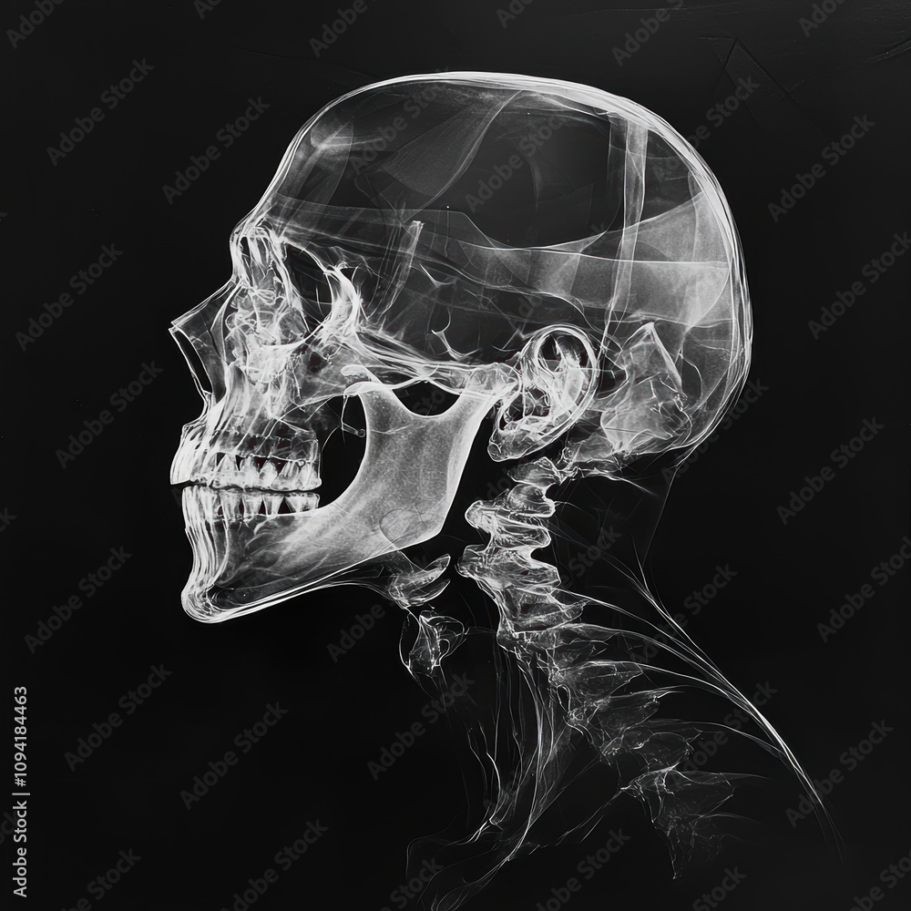 Abstract X-ray of a human skull and neck profile showcasing intricate ...