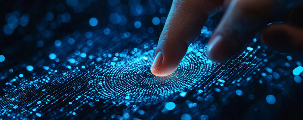 Wall Mural - close up of finger touching glowing biometric interface, showcasing technology and security. vibrant