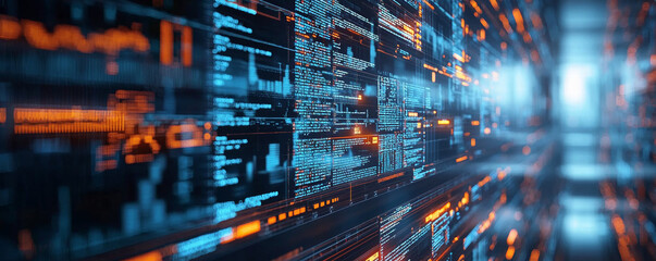 Wall Mural - futuristic digital data flow with vibrant blue and orange lights, representing technology and innova