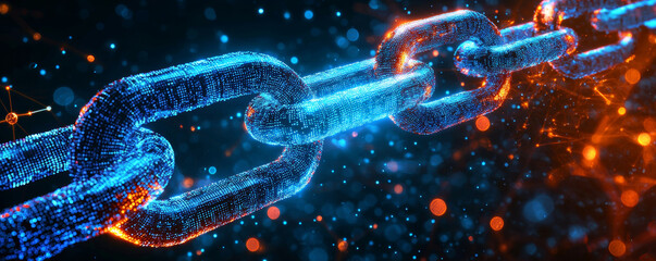 Wall Mural - digital blockchain chain link glowing in blue and orange colors, representing technology and securit