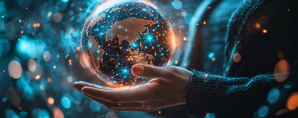 Wall Mural - hand holding glowing globe representing global connectivity and technology, showcasing network of li