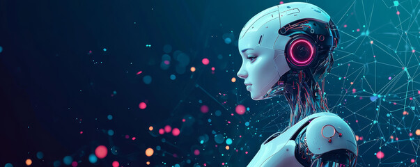 Wall Mural - futuristic robot with sleek design and glowing elements, set against vibrant digital background fill