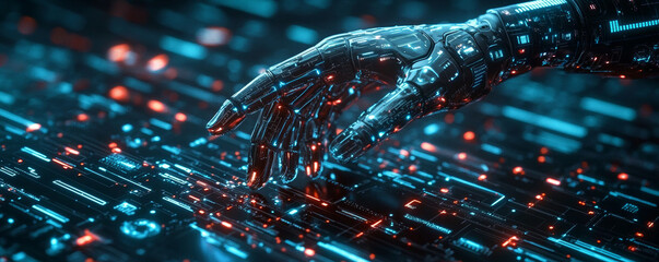 Wall Mural - futuristic robotic hand interacts with digital interface, showcasing advanced technology and intrica