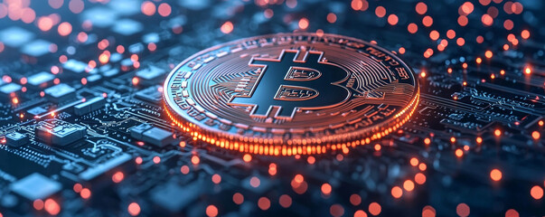 Wall Mural - digital currency concept featuring bitcoin symbol on circuit board, illuminated by glowing lights, r