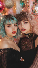 Vibrant Christmas photoshoot with two fashionable women, edgy hairstyles