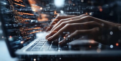 Coding Programmer Working on Laptop with Futuristic Technology and Digital Innovation in Software Development