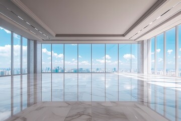 Wall Mural - Empty marble floors and city views under the blue sky generative ai