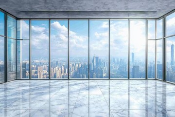 Wall Mural - Empty marble floors and city views under the blue sky generative ai