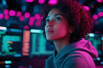 A young woman in a hoodie gazes thoughtfully at computer screens with colorful lighting in a tech environment.