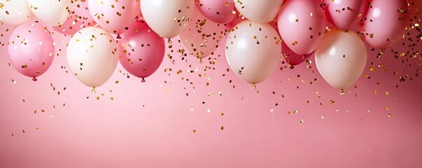 Pink Balloons and Confetti Festive Background Celebration Banner