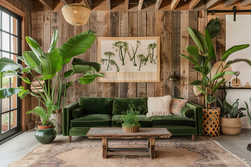 Wall Mural - Nature-inspired living room interior design with a green velvet sofa, wood paneling, rattan decor, and large potted plants for a fresh, organic vibe.