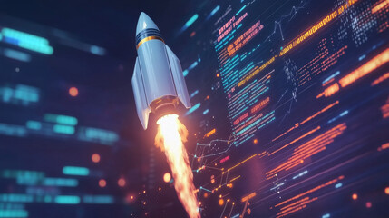 A rocket launching, surrounded by computer code and graphs, shows a growing tech startup's innovation.