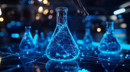 glowing blue, futuristic flasks are linked by digital lines. this image represents scientific advanc
