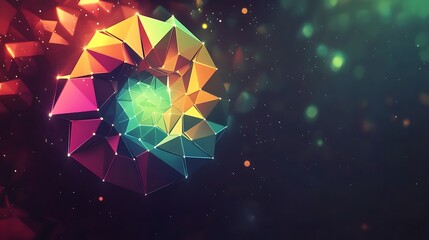 Abstract colorful low-poly geometric spiral shape glowing in dark space.