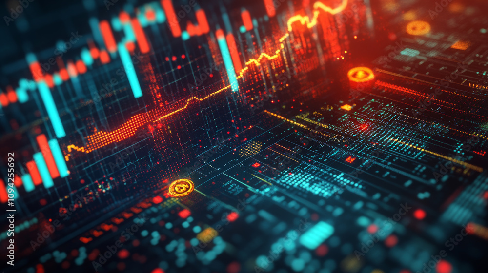 Dogecoin: a futuristic digital currency shown on a financial chart. The ...