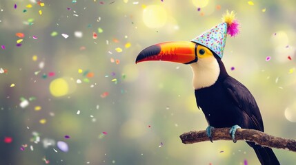 Toucan in a Birthday Hat A toucan, with its bold, colorful background