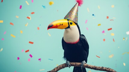 toucan in a birthday hat a toucan, with its bold, colorful background