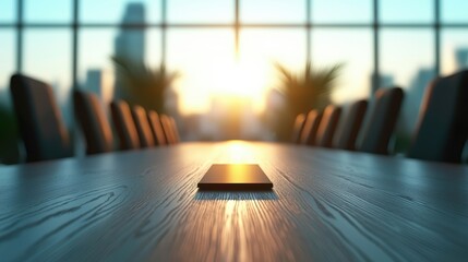 Wall Mural - A spacious, modern boardroom bathed in natural light, with a long table surrounded by executives in sharp suits, attentively listening to a presentation displayed on a large screen.