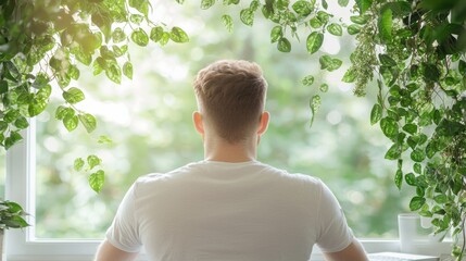 Wall Mural - A person working from their home office, surrounded by plants, natural light, and ergonomic furniture, depicting a comfortable and productive remote work environment.