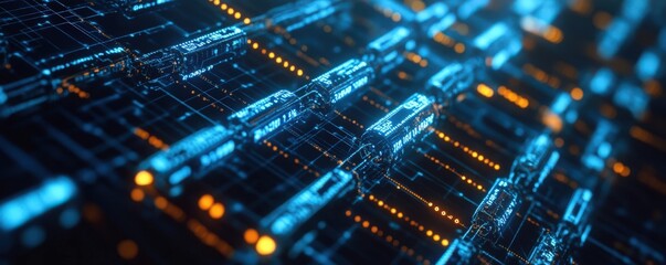 Abstract futuristic technology background with glowing data network in blue and orange tones.