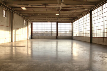 Wall Mural - Spacious modern warehouse interior with high ceilings, large windows, and polished concrete floor, showcasing industrial design and ample natural light