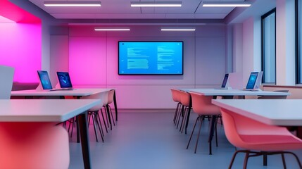 modern tech classroom computers pink lighting