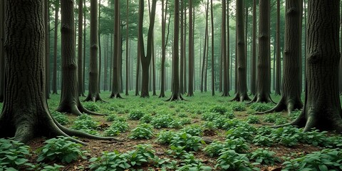 Wall Mural - forest floor surrounded by tree trunks, brown, wood