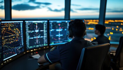 Aviation Air traffic controllers monitor aircraft using advanced technology in a control tower during sunset.