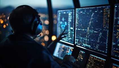 aviation a professional monitoring complex data on multiple screens, showcasing advanced technology 