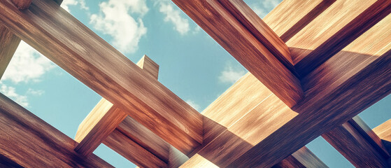 Wall Mural - Close-up of wooden beams in a house construction project against a blue sky showcasing craftsmanship and design in a new building