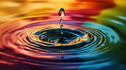 A single droplet of water creating ripples in a pool of different colored liquid, depicting the ripple effect of inclusive actions, minimalist composition